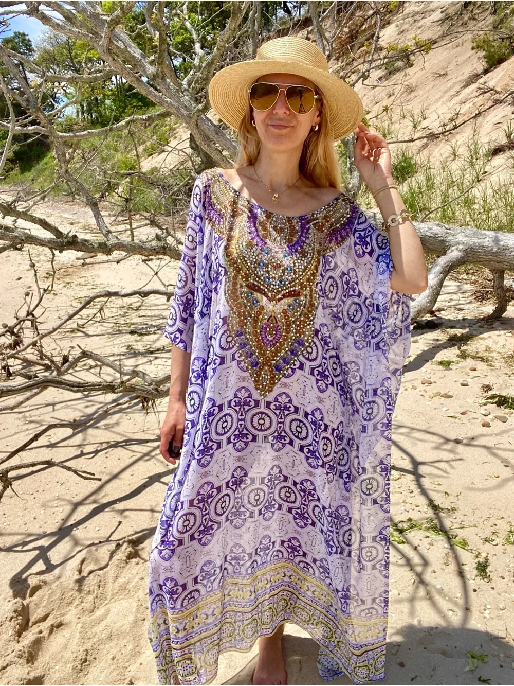RANEE’S Boho Purple Embellished Kaftan Style Beach Cover-Up! 🐚